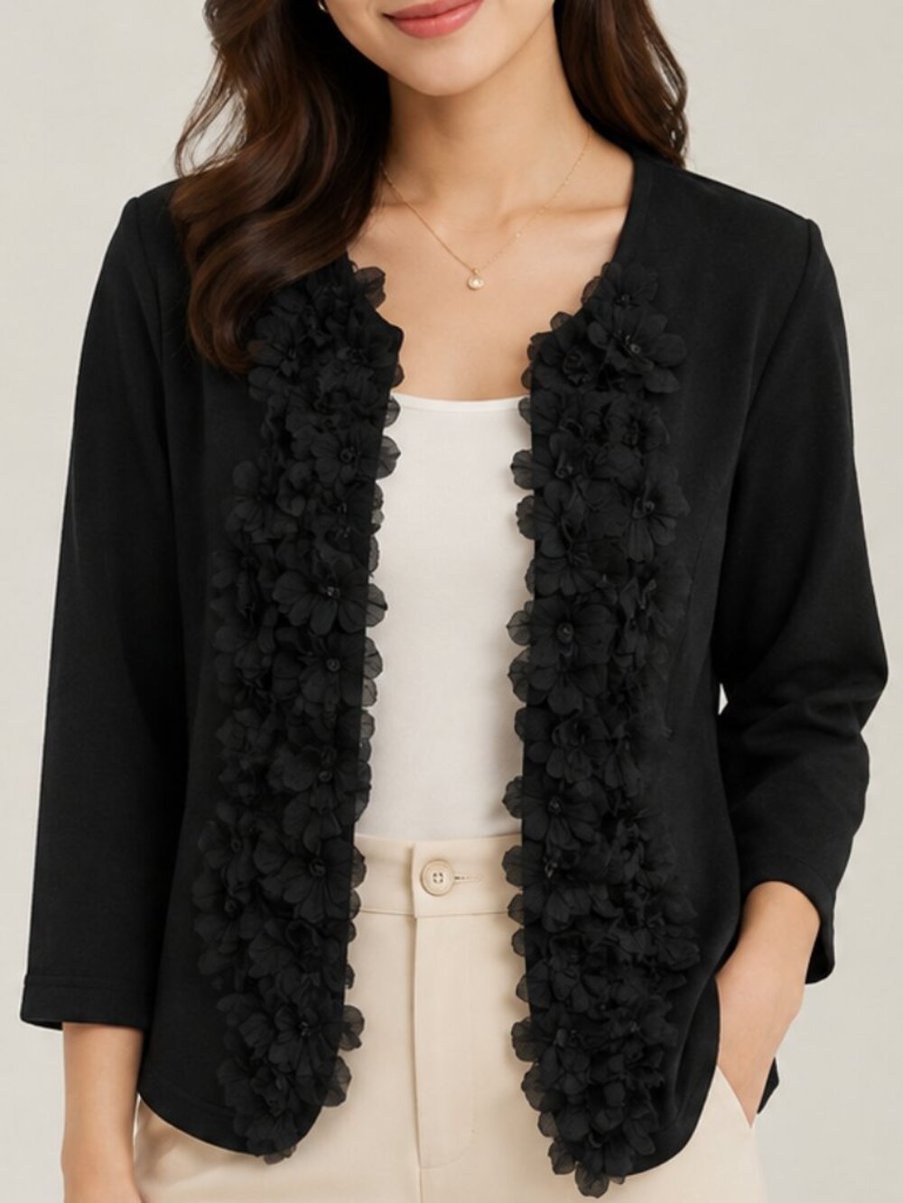 Women Black Open Front Lace Trim Career Work Office Cardigan Blazer Small
